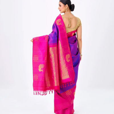 Purple Handloom Kanchipuram Silk Saree With Zari Stripes