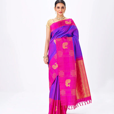 Purple Handloom Kanchipuram Silk Saree With Zari Stripes
