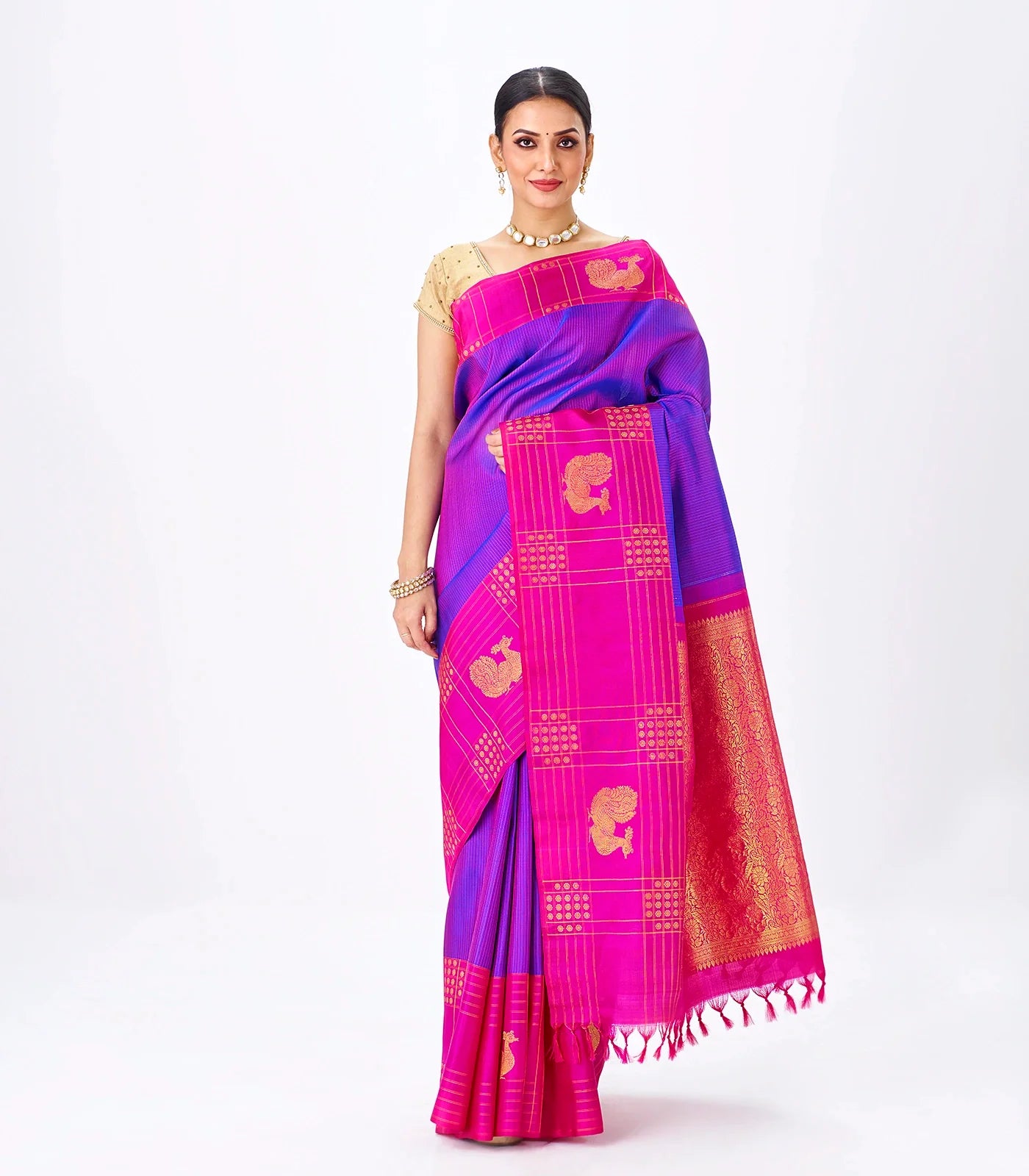 Purple Handloom Kanchipuram Silk Saree With Zari Stripes