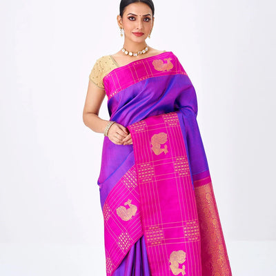 Purple Handloom Kanchipuram Silk Saree With Zari Stripes