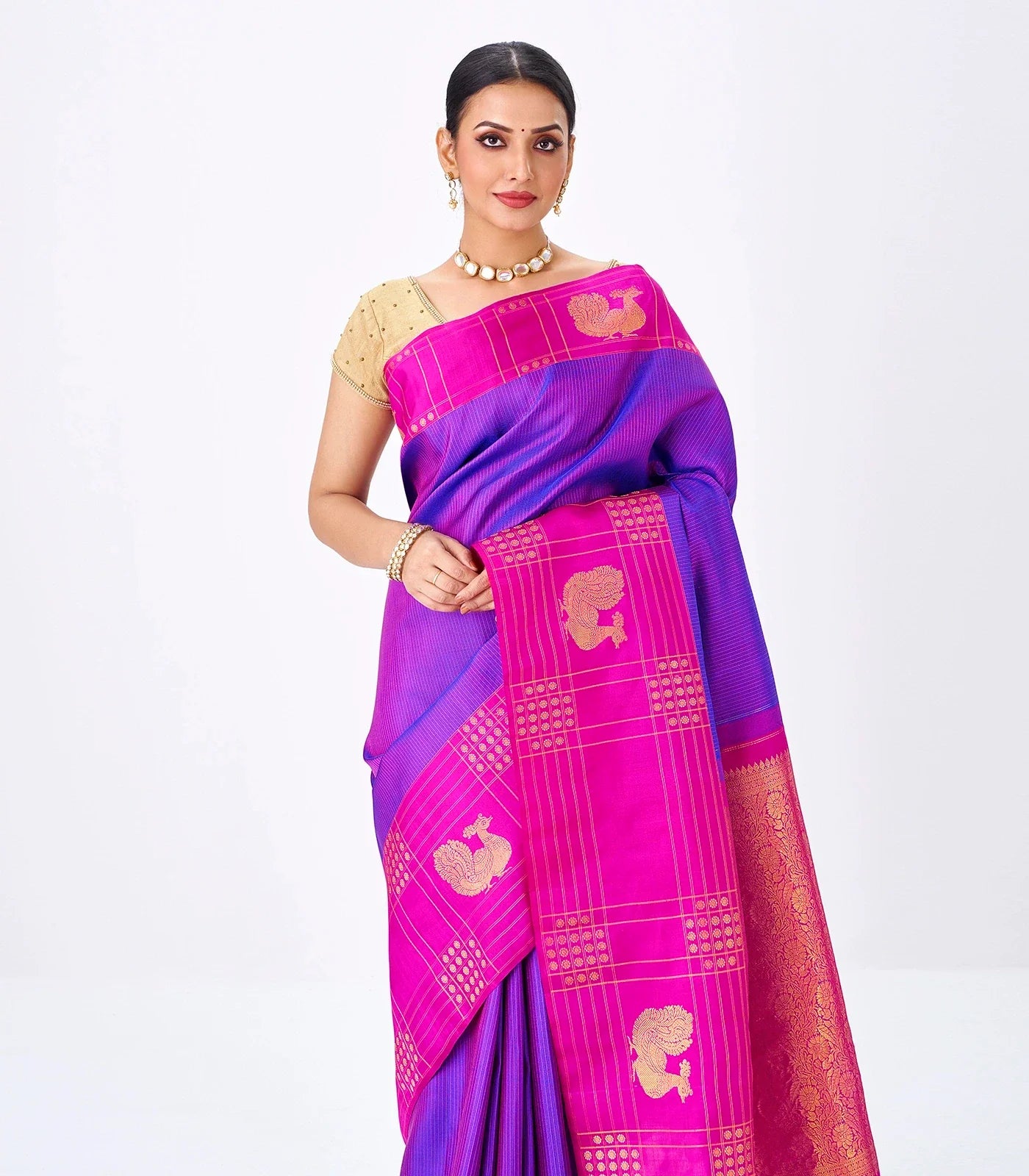 Purple Handloom Kanchipuram Silk Saree With Zari Stripes