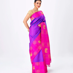 Purple Handloom Kanchipuram Silk Saree With Zari Stripes