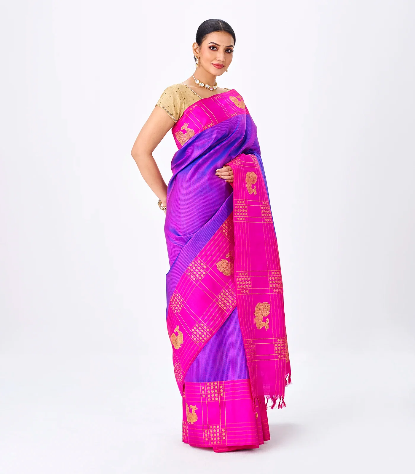 Purple Handloom Kanchipuram Silk Saree With Zari Stripes