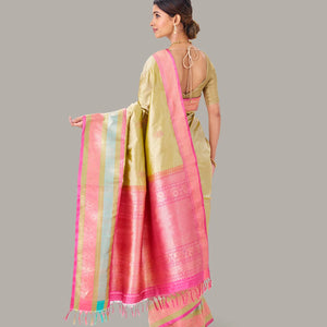 Taupe Handloom Banarasi Silk Saree With Meena Floral Buttas