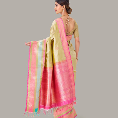 Taupe Handloom Banarasi Silk Saree With Meena Floral Buttas