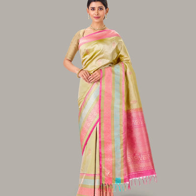 Taupe Handloom Banarasi Silk Saree With Meena Floral Buttas