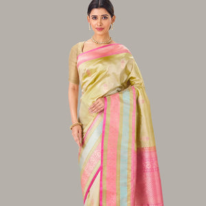 Taupe Handloom Banarasi Silk Saree With Meena Floral Buttas