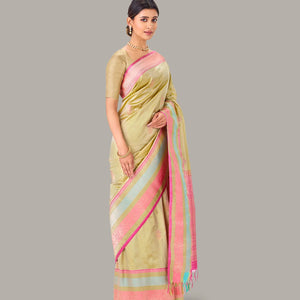 Taupe Handloom Banarasi Silk Saree With Meena Floral Buttas