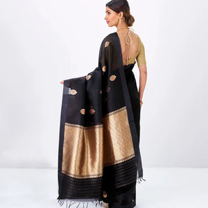 Midnight Blue Banarasi Organza Silk Saree With Floral Motifs