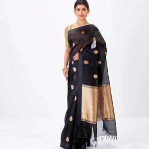 Midnight Blue Banarasi Organza Silk Saree With Floral Motifs