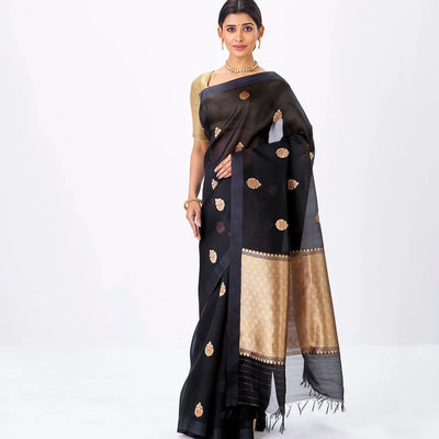 Midnight Blue Banarasi Organza Silk Saree With Floral Motifs