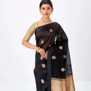 Midnight Blue Banarasi Organza Silk Saree With Floral Motifs