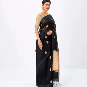 Midnight Blue Banarasi Organza Silk Saree With Floral Motifs