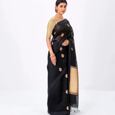 Midnight Blue Banarasi Organza Silk Saree With Floral Motifs