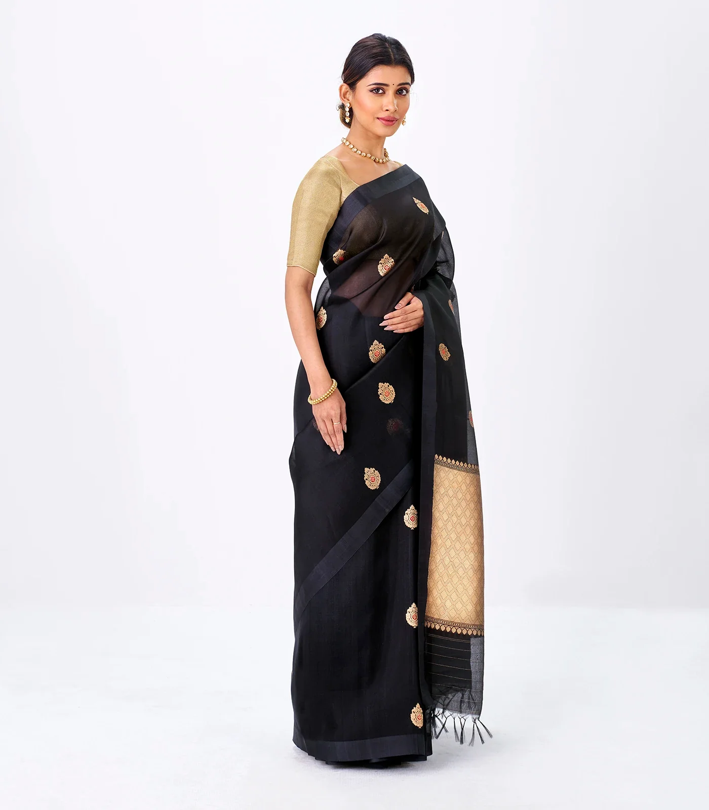 Midnight Blue Banarasi Organza Silk Saree With Floral Motifs
