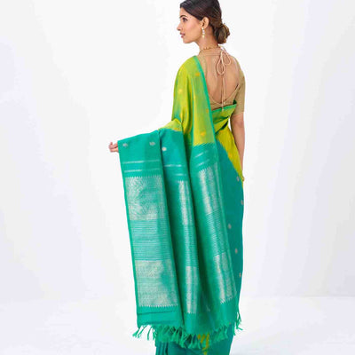 Aquamarine & Turquoise Handloom Kanchipuram Korvai Silk Saree With Buttas
