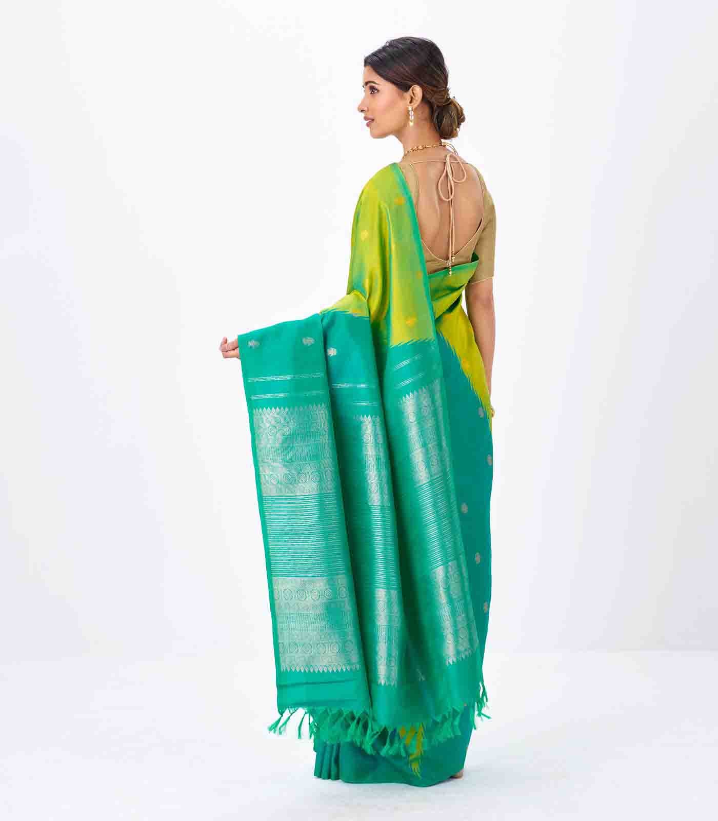Aquamarine & Turquoise Handloom Kanchipuram Korvai Silk Saree With Buttas