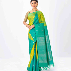 Aquamarine & Turquoise Handloom Kanchipuram Korvai Silk Saree With Buttas