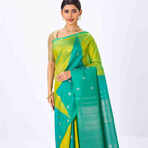 Aquamarine & Turquoise Handloom Kanchipuram Korvai Silk Saree With Buttas