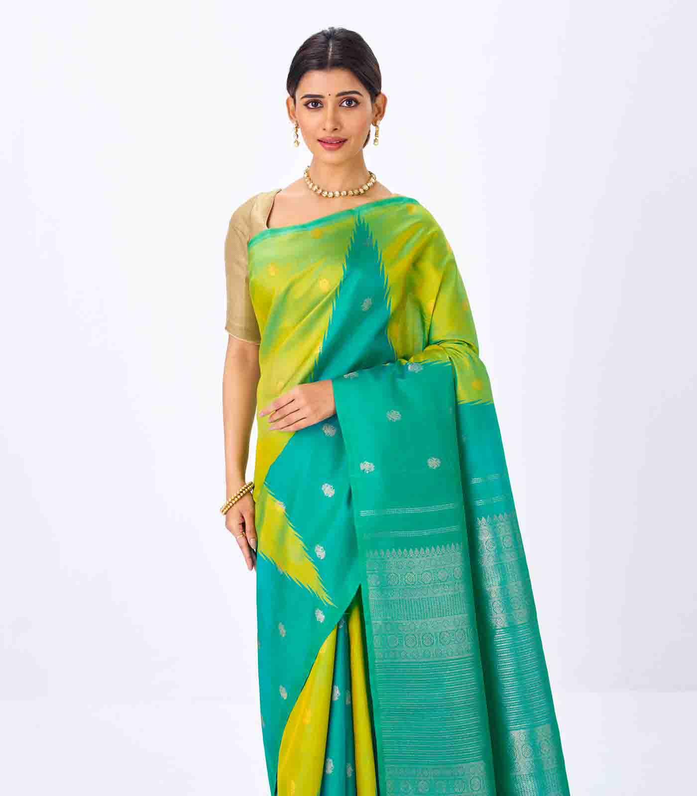 Aquamarine & Turquoise Handloom Kanchipuram Korvai Silk Saree With Buttas
