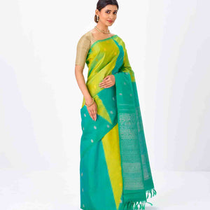 Aquamarine & Turquoise Handloom Kanchipuram Korvai Silk Saree With Buttas
