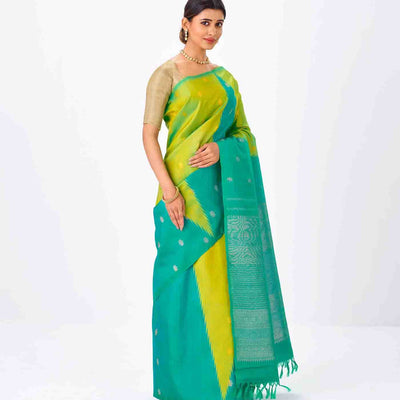 Aquamarine & Turquoise Handloom Kanchipuram Korvai Silk Saree With Buttas