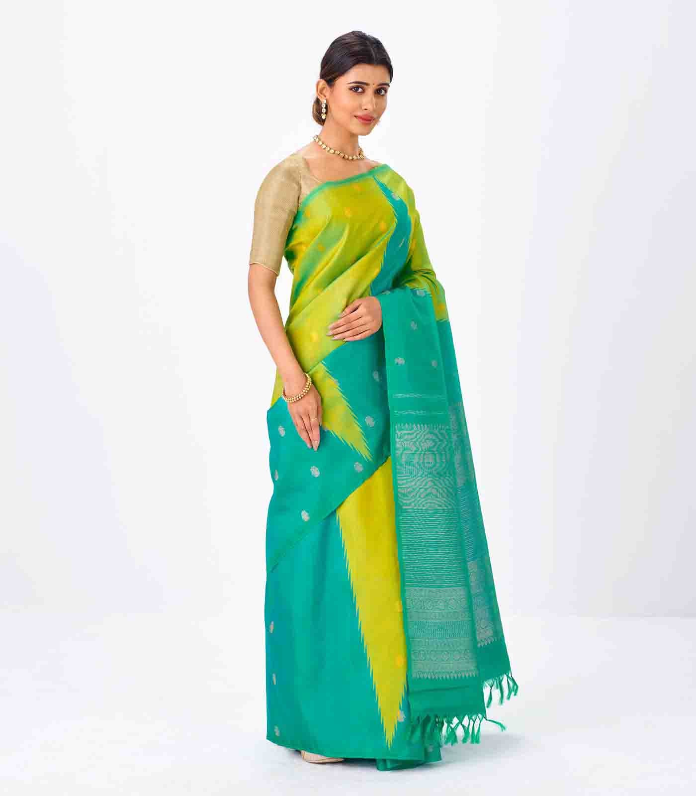 Aquamarine & Turquoise Handloom Kanchipuram Korvai Silk Saree With Buttas