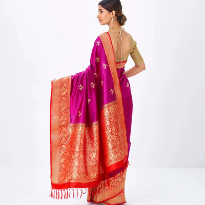 Purple Handloom Banarasi Silk Saree With Bird Buttas