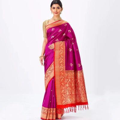 Purple Handloom Banarasi Silk Saree With Bird Buttas