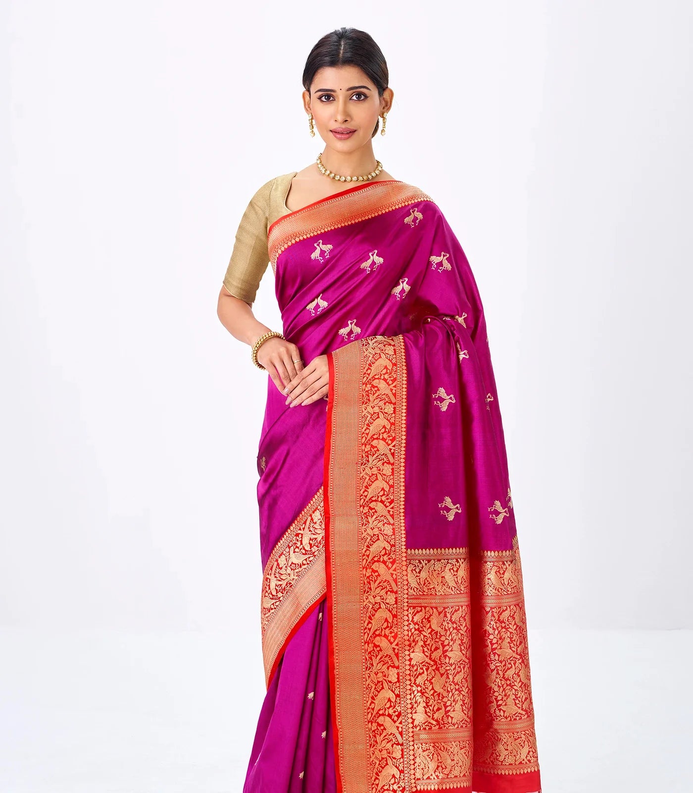 Purple Handloom Banarasi Silk Saree With Bird Buttas