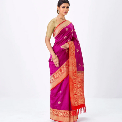 Purple Handloom Banarasi Silk Saree With Bird Buttas