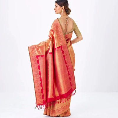 Red Handloom Kanchipuram Silk Saree With Floral Zari Motifs