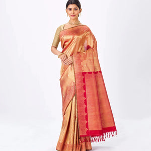 Red Handloom Kanchipuram Silk Saree With Floral Zari Motifs