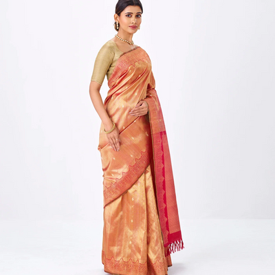 Red Handloom Kanchipuram Silk Saree With Floral Zari Motifs