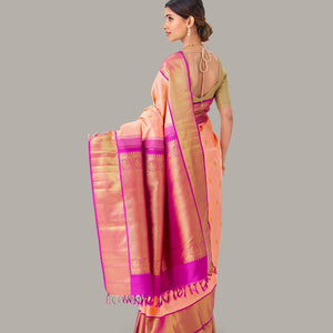 Light Peach Handloom Kanchipuram Korvai Silk Saree With Zari Buttas