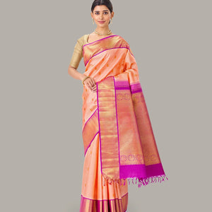 Light Peach Handloom Kanchipuram Korvai Silk Saree With Zari Buttas