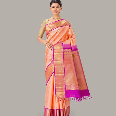 Light Peach Handloom Kanchipuram Korvai Silk Saree With Zari Buttas