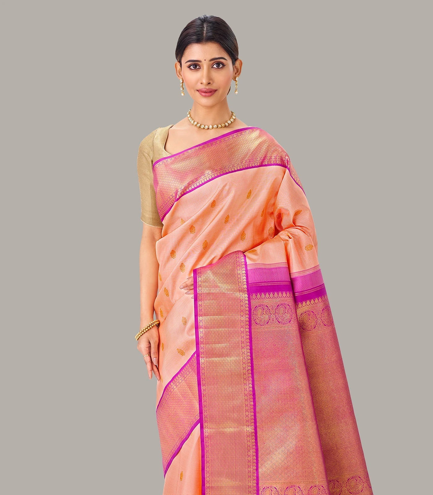 Light Peach Handloom Kanchipuram Korvai Silk Saree With Zari Buttas