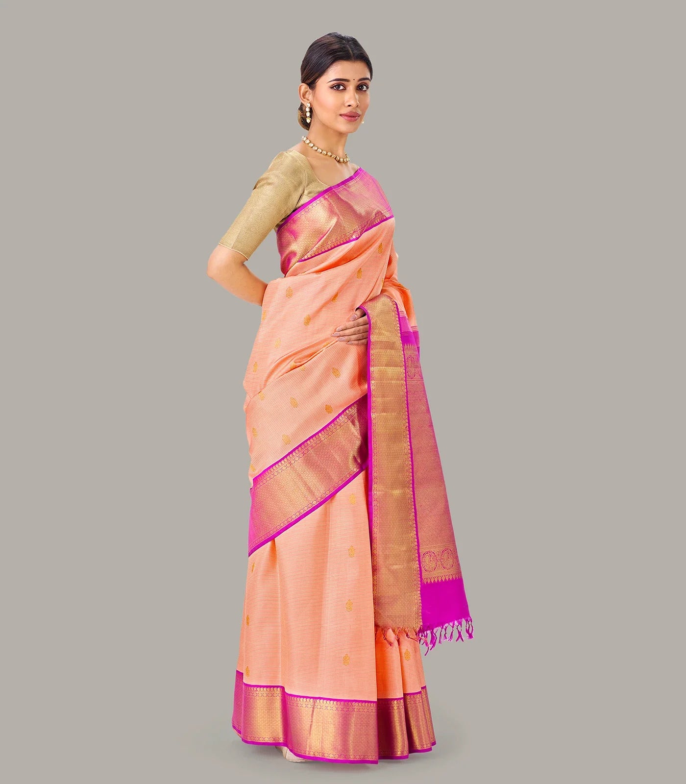 Light Peach Handloom Kanchipuram Korvai Silk Saree With Zari Buttas