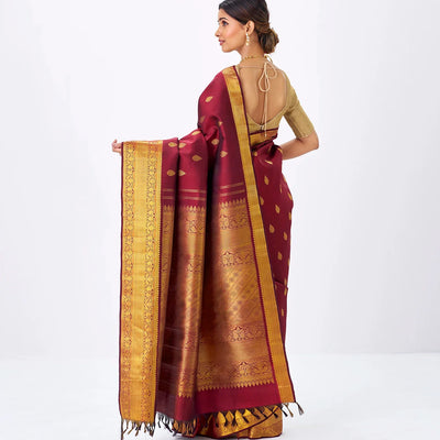 Crimson Handloom Kanchipuram Silk Saree With Floral Zari Buttas