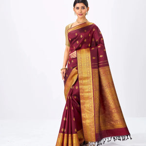 Crimson Handloom Kanchipuram Silk Saree With Floral Zari Buttas