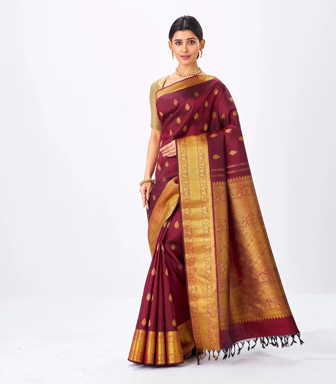 Crimson Handloom Kanchipuram Silk Saree With Floral Zari Buttas