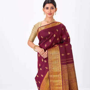 Crimson Handloom Kanchipuram Silk Saree With Floral Zari Buttas