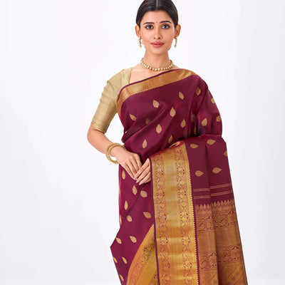 Crimson Handloom Kanchipuram Silk Saree With Floral Zari Buttas