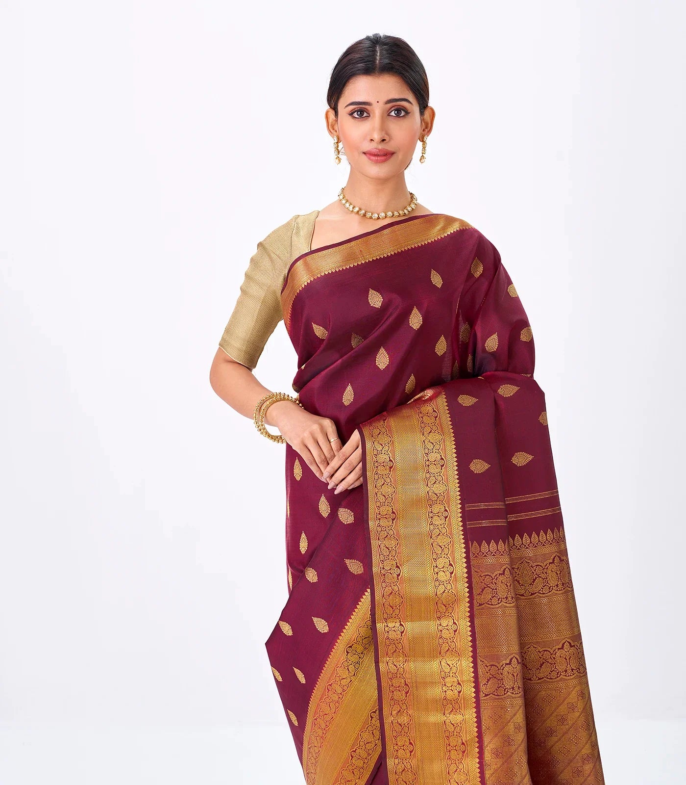 Crimson Handloom Kanchipuram Silk Saree With Floral Zari Buttas
