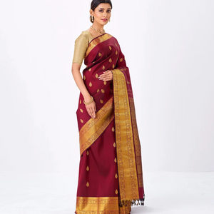 Crimson Handloom Kanchipuram Silk Saree With Floral Zari Buttas