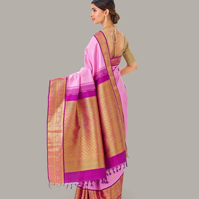 Baby Pink Handloom Kanchipuram Korvai Silk Saree With Zari Buttas
