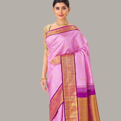 Baby Pink Handloom Kanchipuram Korvai Silk Saree With Zari Buttas