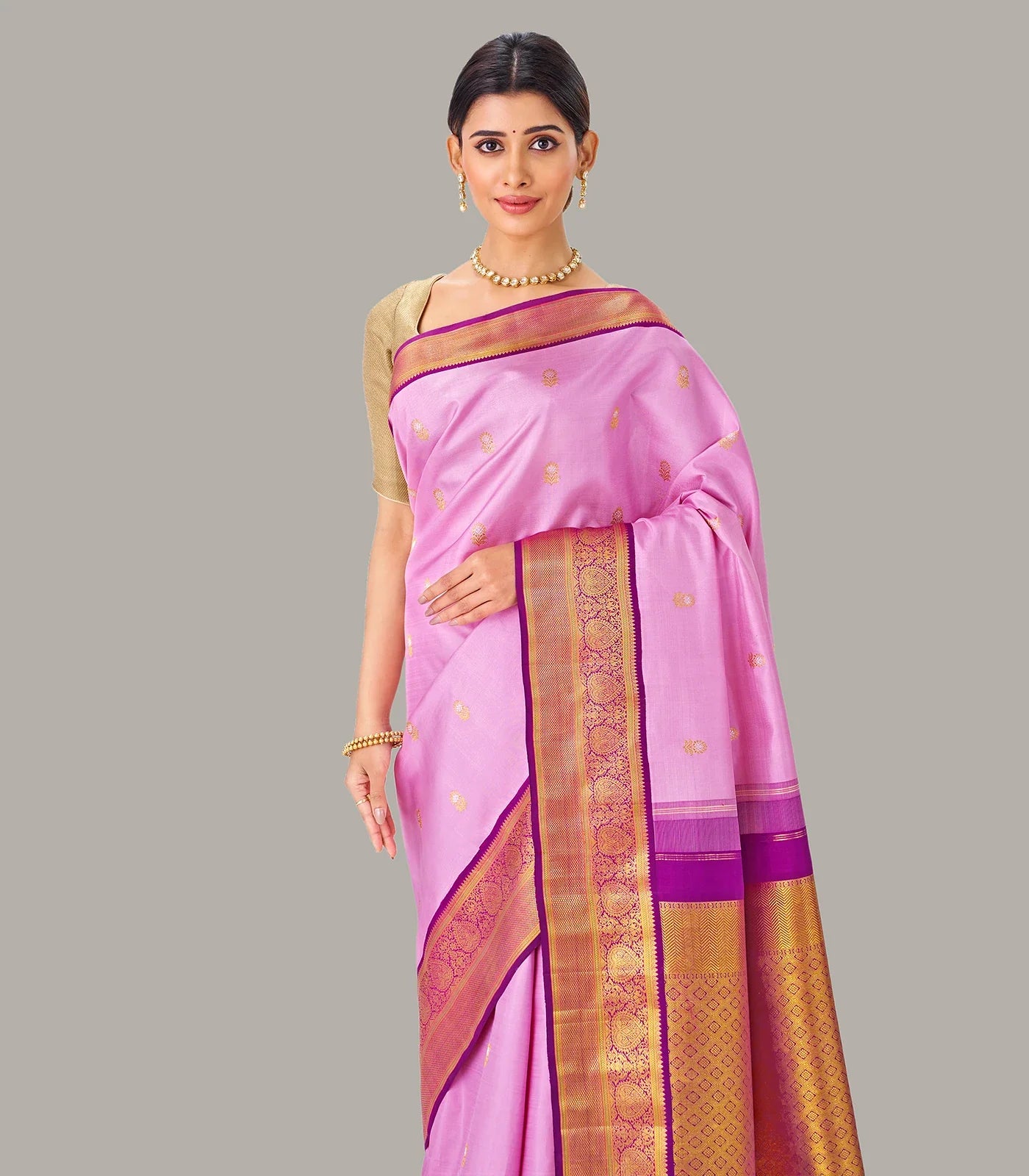 Baby Pink Handloom Kanchipuram Korvai Silk Saree With Zari Buttas