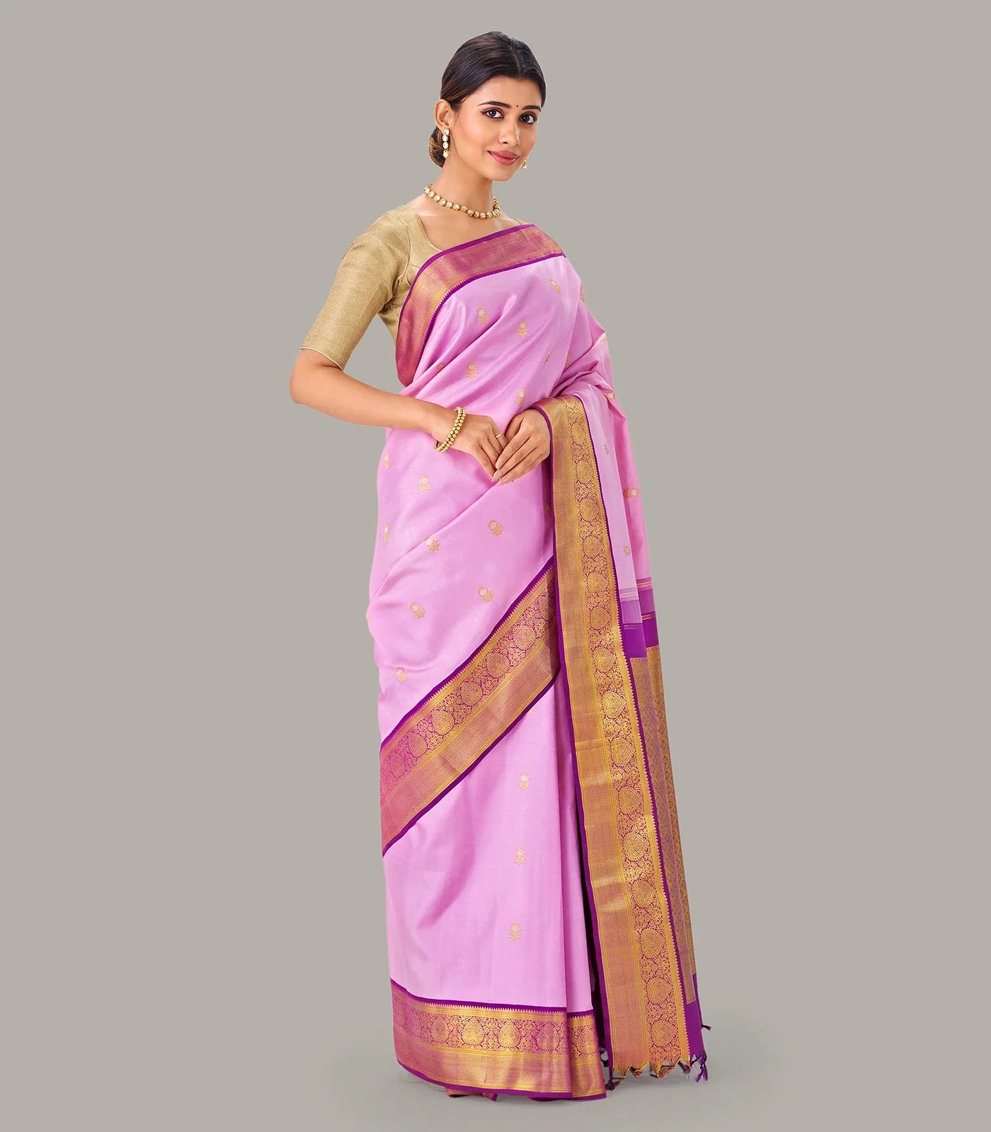 Baby Pink Handloom Kanchipuram Korvai Silk Saree With Zari Buttas